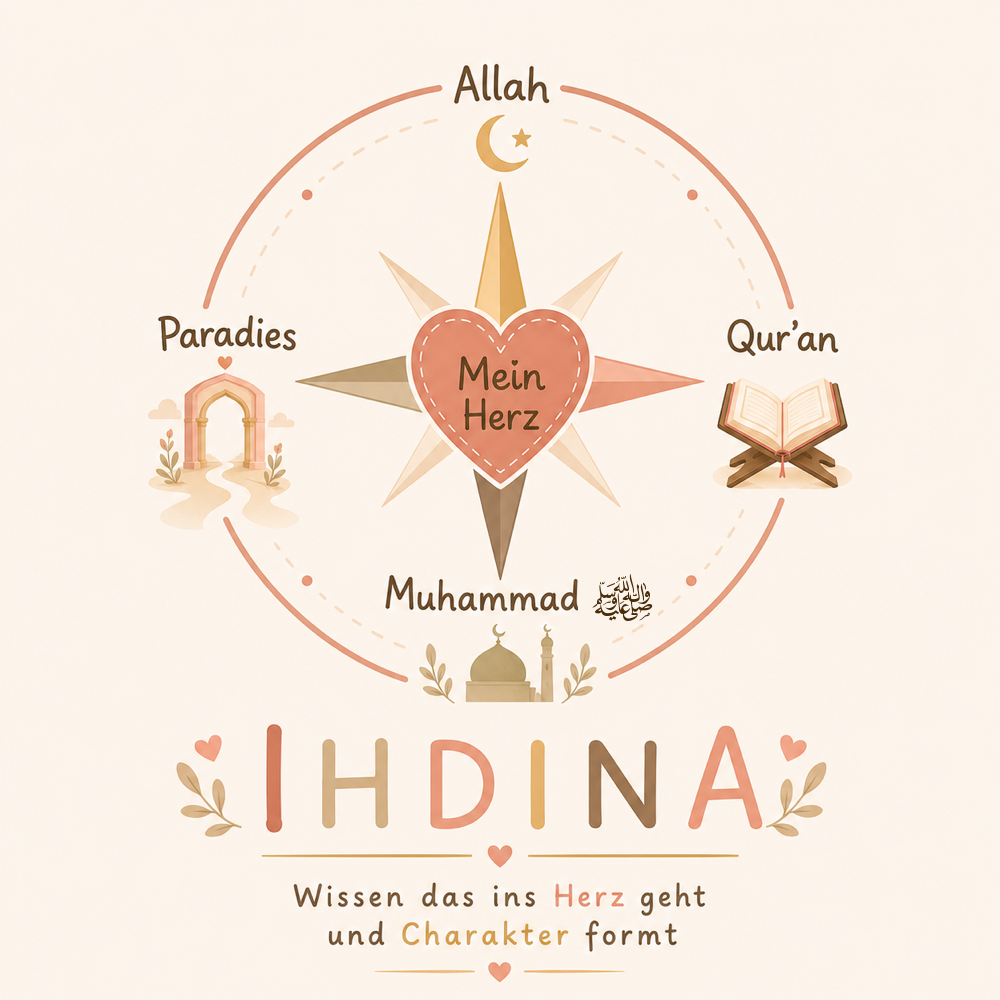 Der Ihdina-Herzenskompass: Mein Herz richtet sich nach Allah, folgt dem Qur'an und dem Propheten ﷺ und hofft auf das Paradies